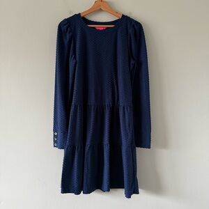 Lilly Pulitzer Arlette High Tide Navy Swiss Dot Cozy Knit Dress Womens M Blue